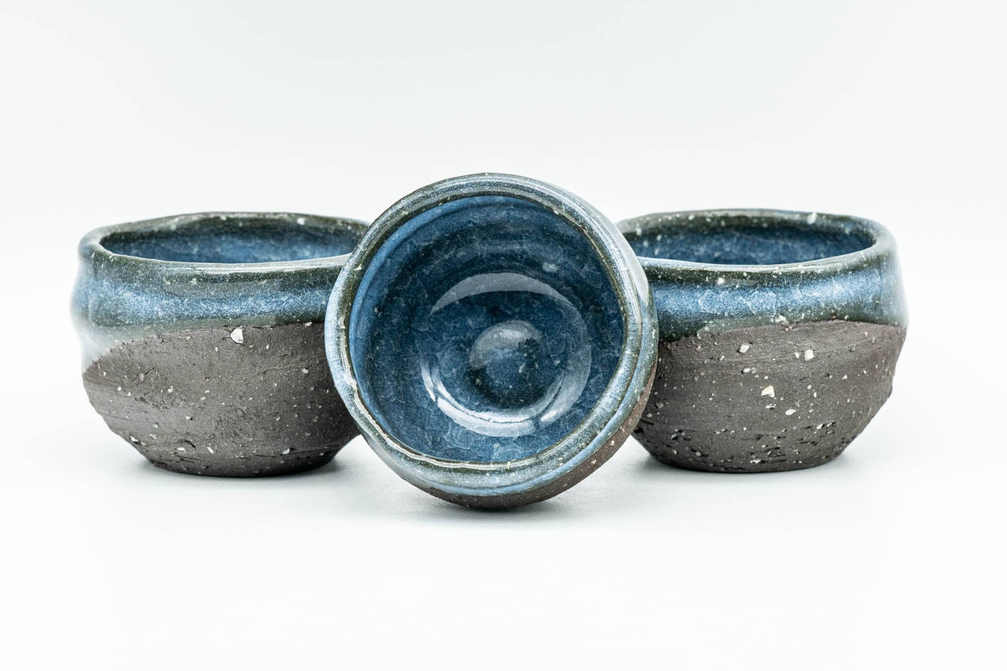Japanese Teacups - Set of 3 Blue Celadon Snowflake Glazed Stoneware Guinomi - 60ml