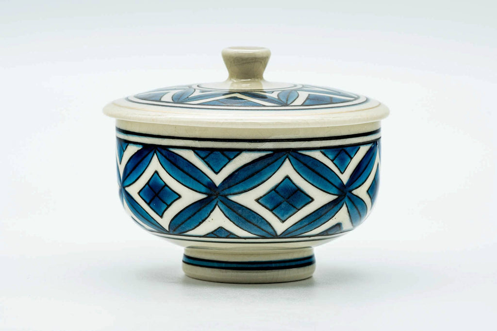 Japanese Teacup - Blue Geometric Kutani-yaki Lidded Yunomi - 130ml