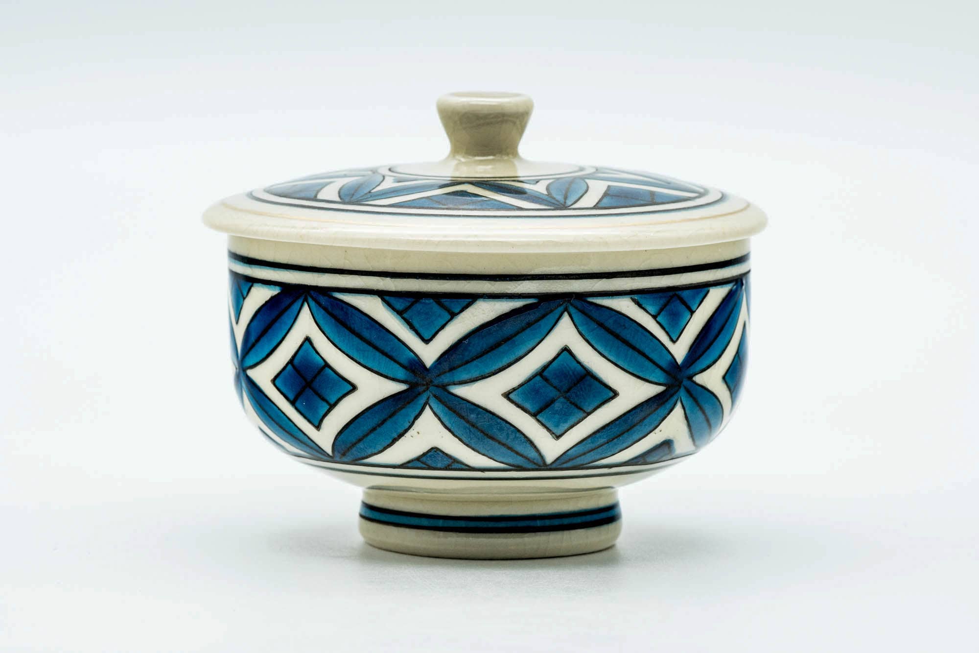 Japanese Teacup - Blue Geometric Kutani-yaki Lidded Yunomi - 130ml