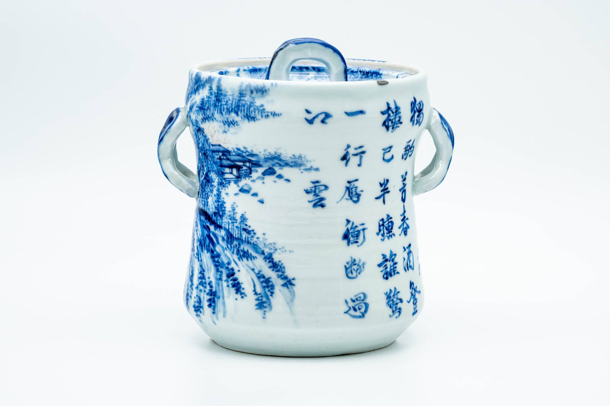 Japanese Mizusashi - Blue Kanji Mountainous Porcelain Fresh Water Container - 1100ml