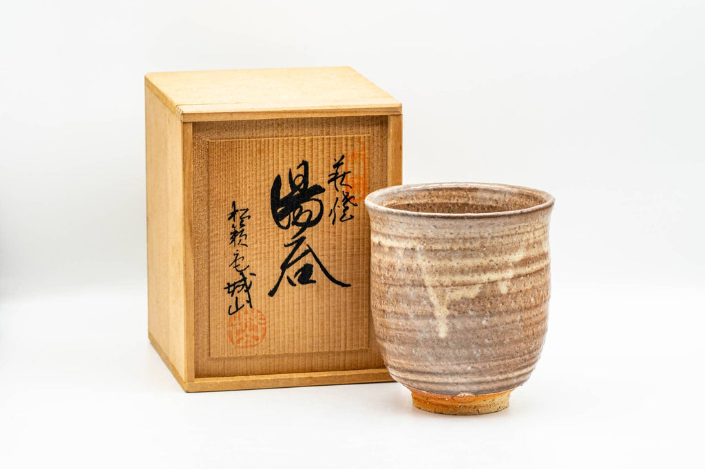 Japanese Teacup - Beige Drip-Glazed Hagi-yaki Yunomi with Wooden Box - 280ml