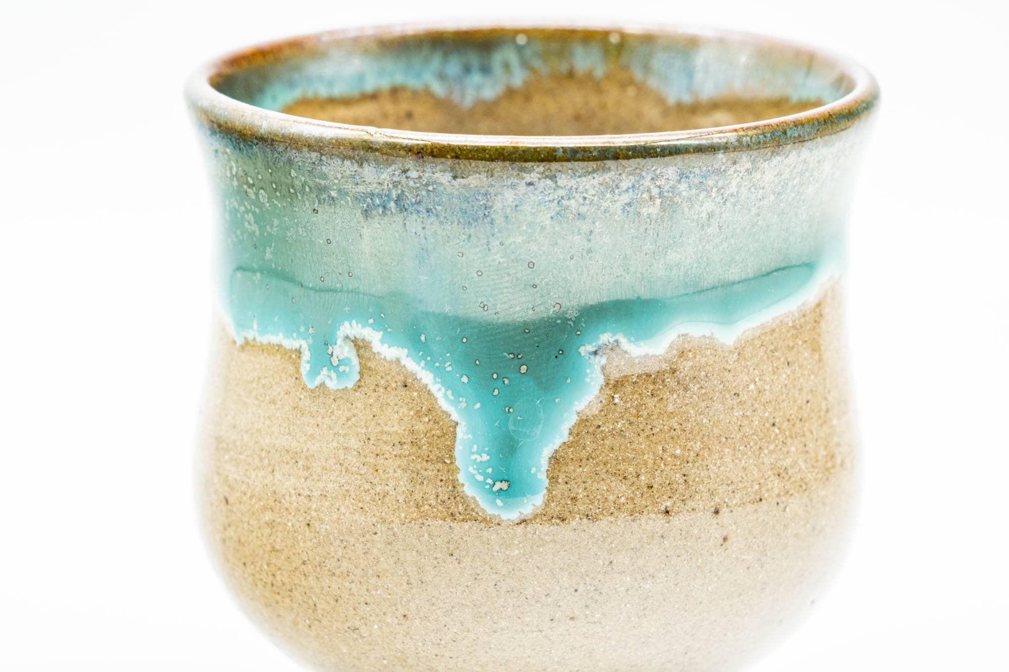Japanese Teacups - Pair of Olive Green Turquoise Drip-Glazed Agano-yaki Yunomi - 110ml