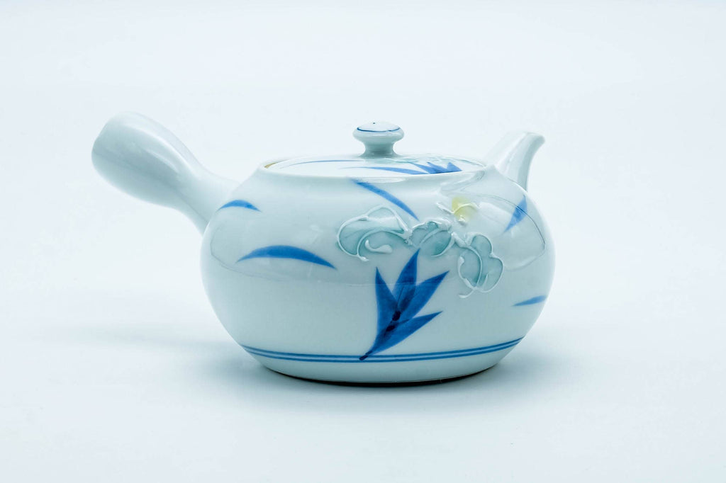 Japanese Kyusu - White Blue Floral Arita-yaki Porcelain Filter Teapot - 300ml
