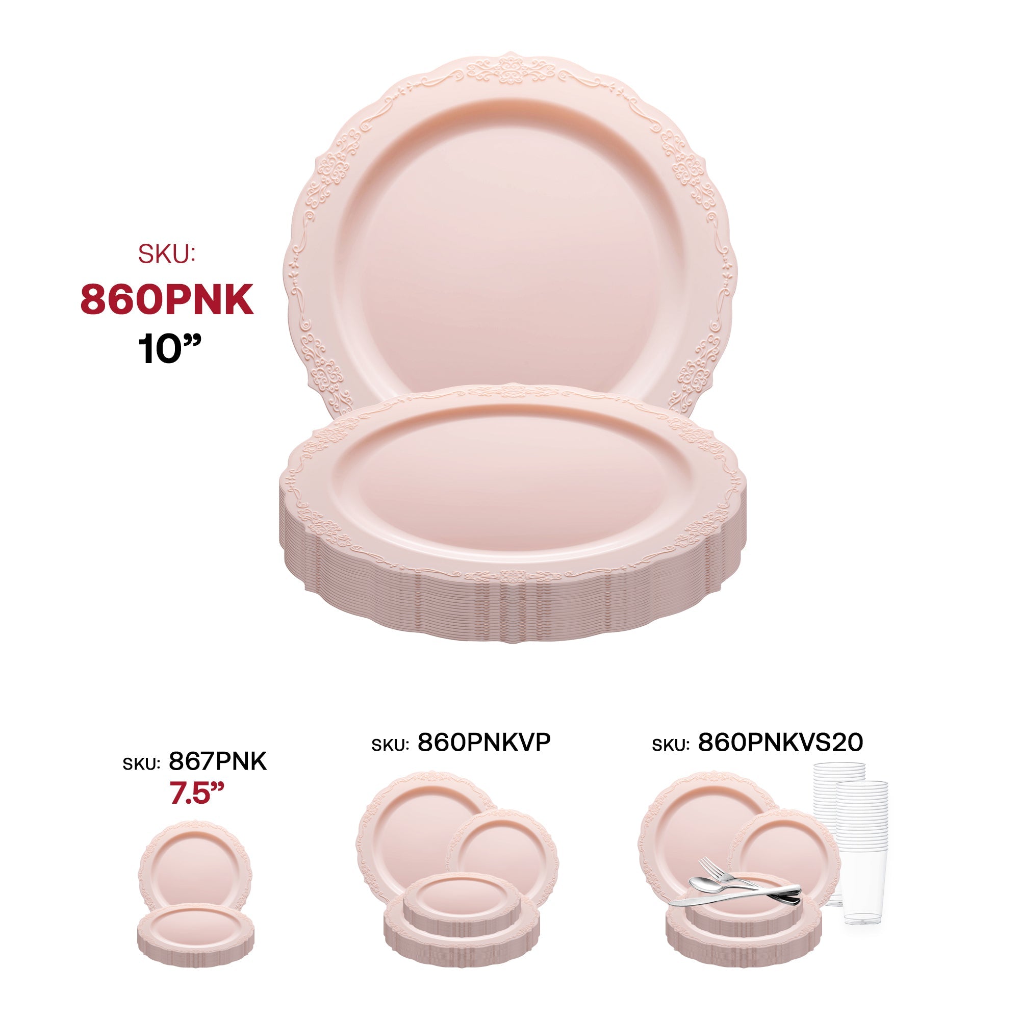 Pink Vintage Round Disposable Plastic Dinner Plates (10")