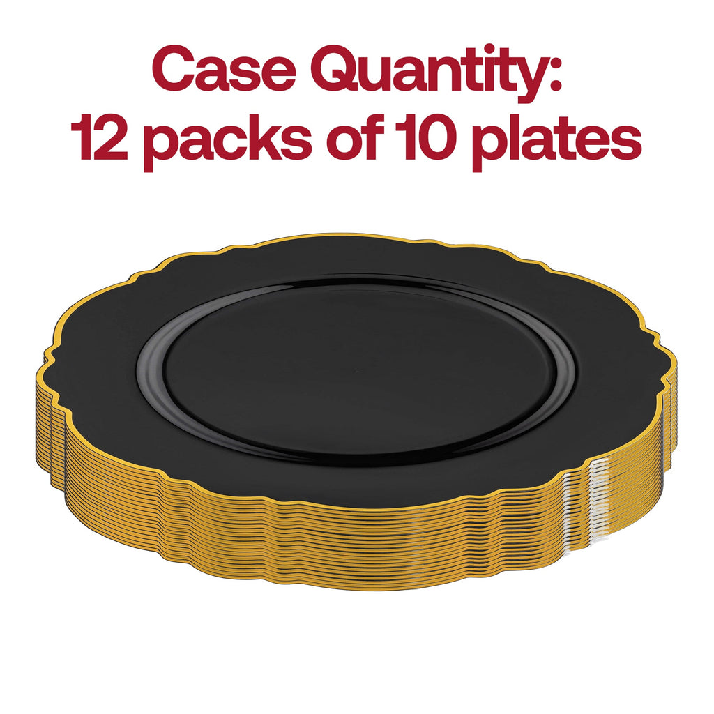 Black with Gold Rim Round Blossom Disposable Plastic Appetizer/Salad Plates (7.5")