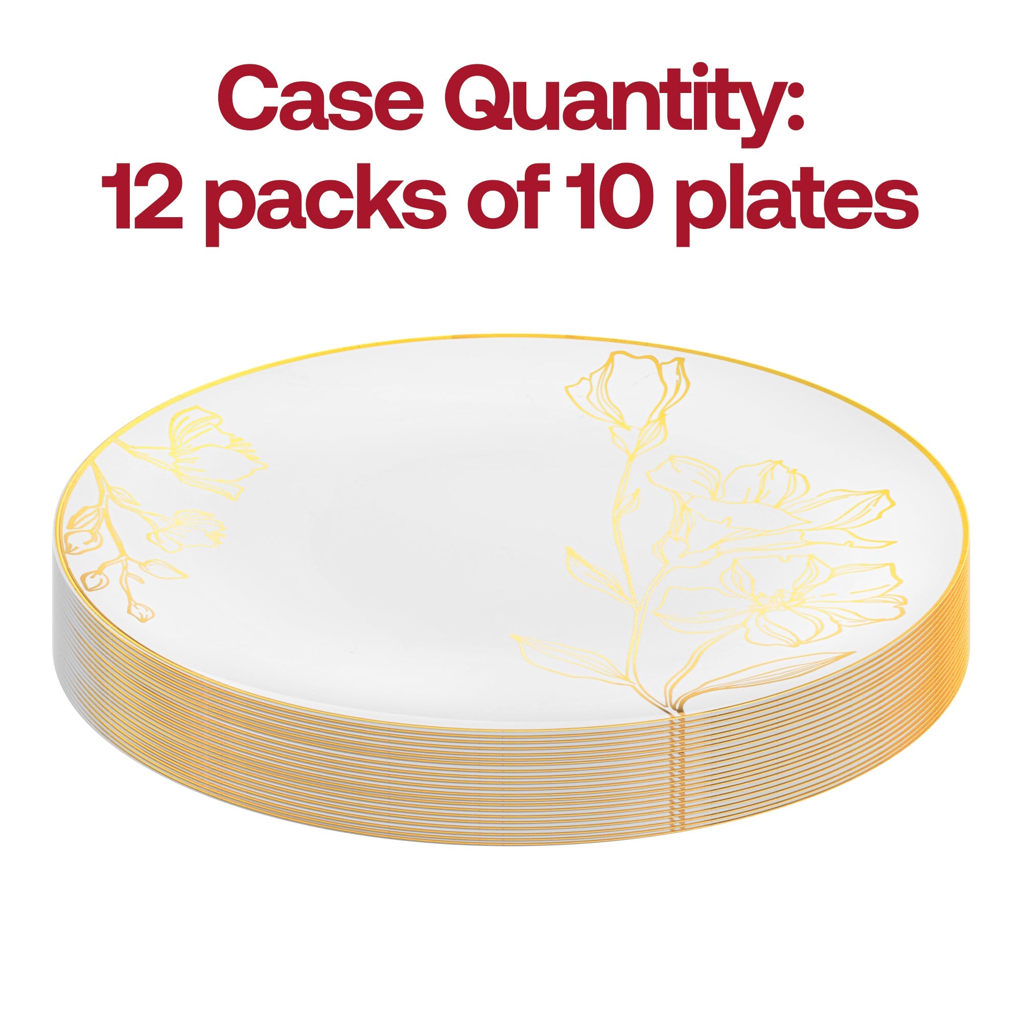 White with Gold Antique Floral Round Disposable Plastic Dinner Plates (10.25")