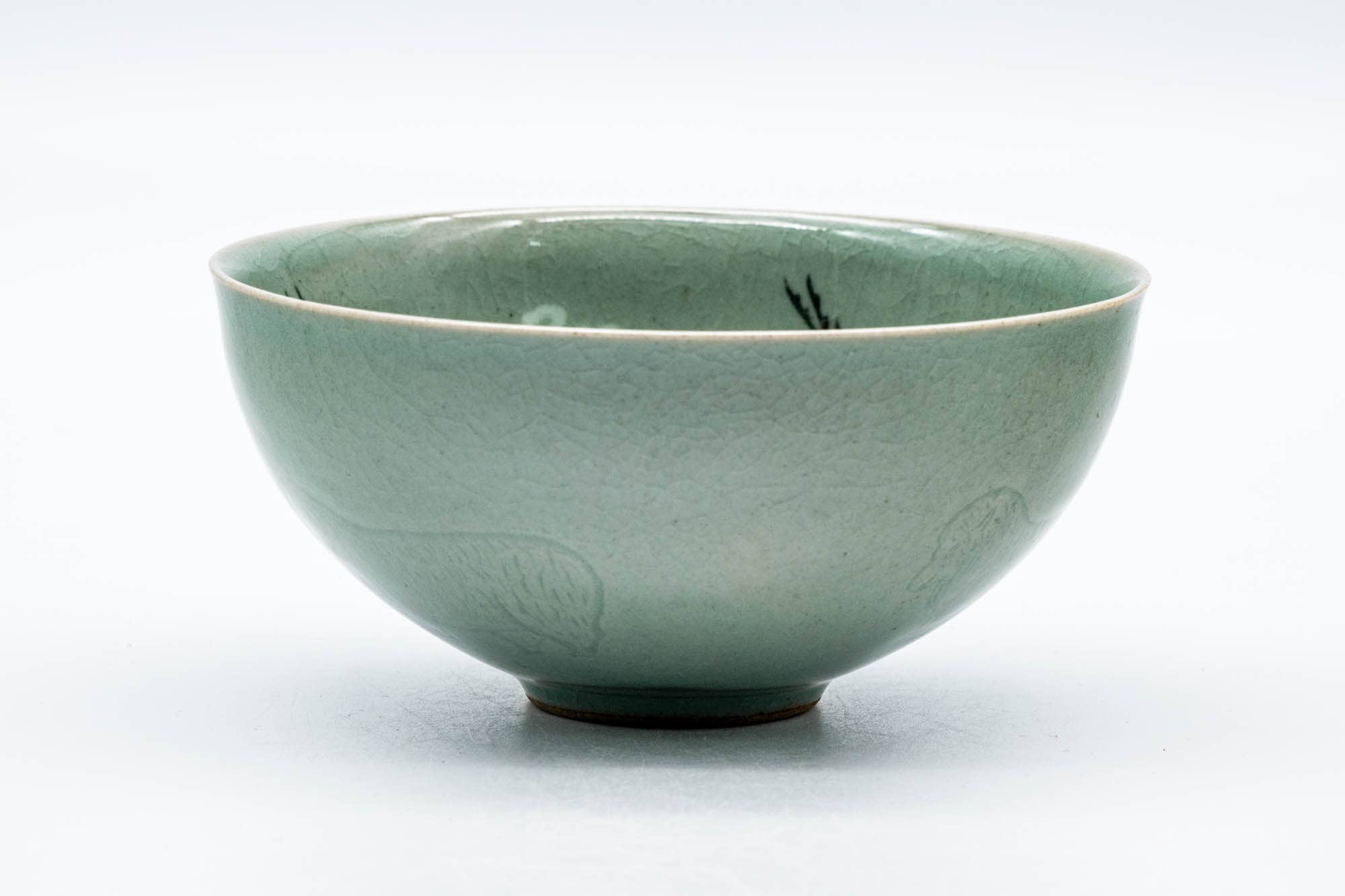 Japanese Matcha Bowl - Green Celadon Glazed Floral Egret Chawan - 150ml