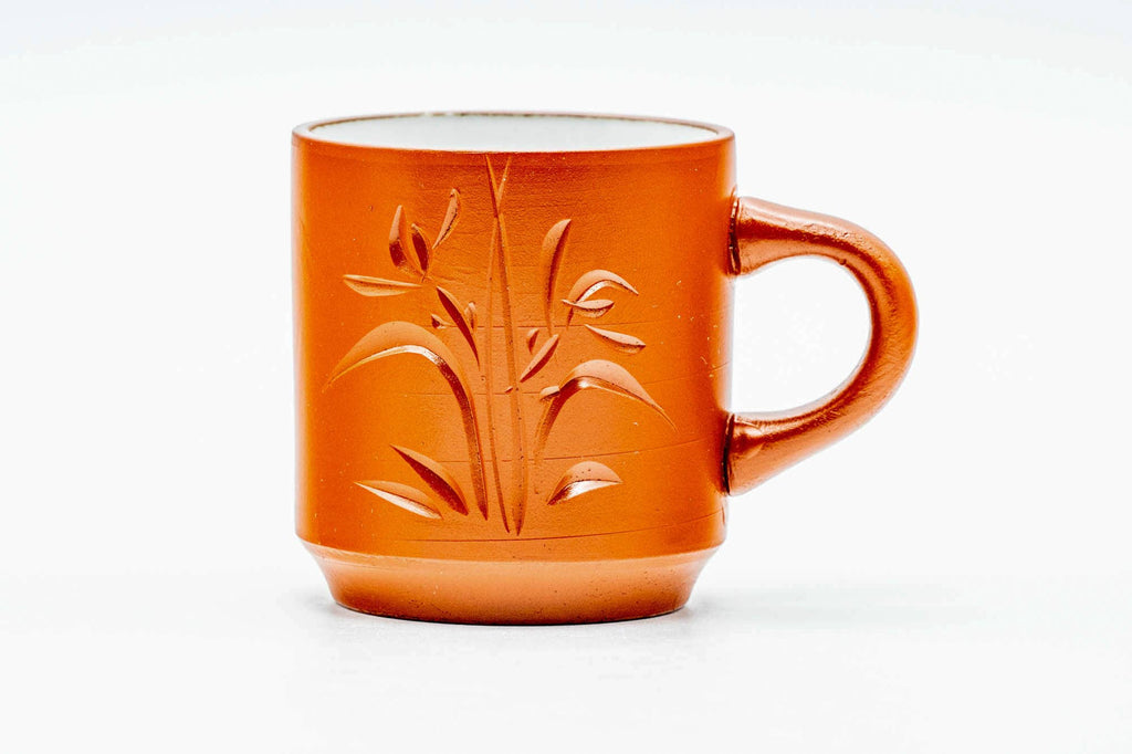 Japanese Teacup - Bamboo Engraved White Inner-Glazed Red Shudei Tokoname-yaki Yunomi - 85ml