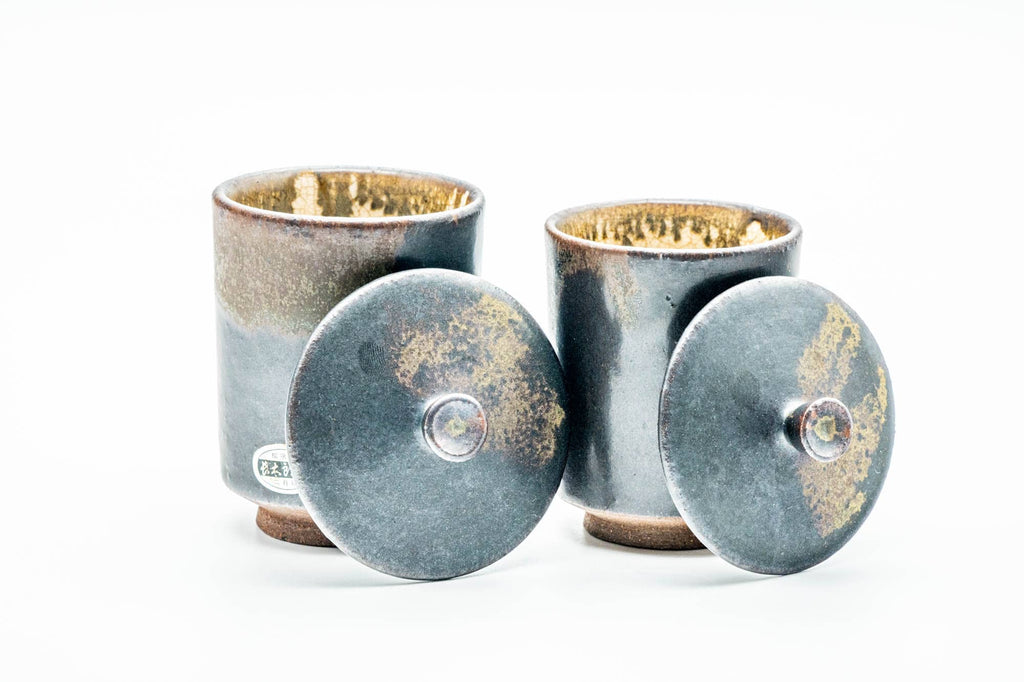 Japanese Teacups - Pair of Black Matte Drip-Glazed Meoto Yunomi