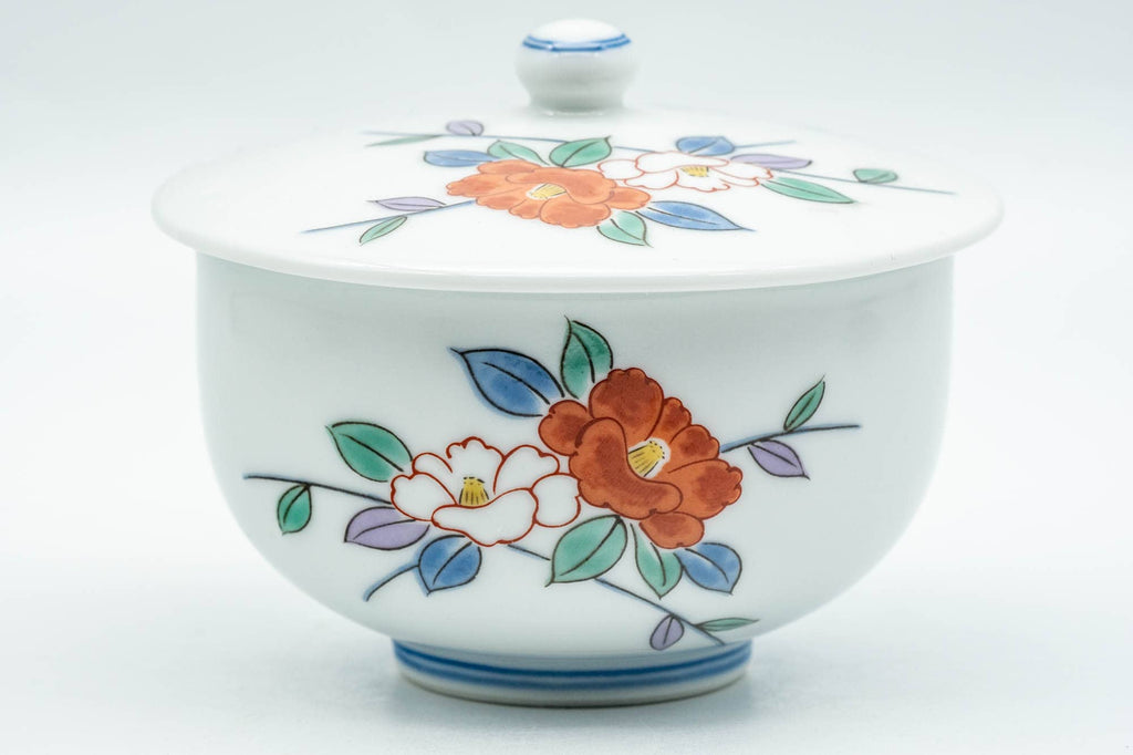 Japanese Teacup - Colourful Floral White Porcelain Arita-yaki Lidded Yunomi - 130ml