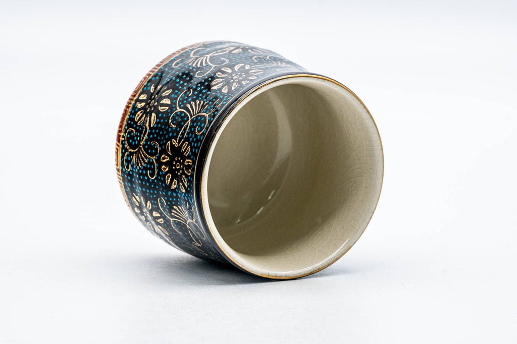 Japanese Teacup - Aochiba Blue Gold Floral Kutani-yaki Yunomi - 170ml