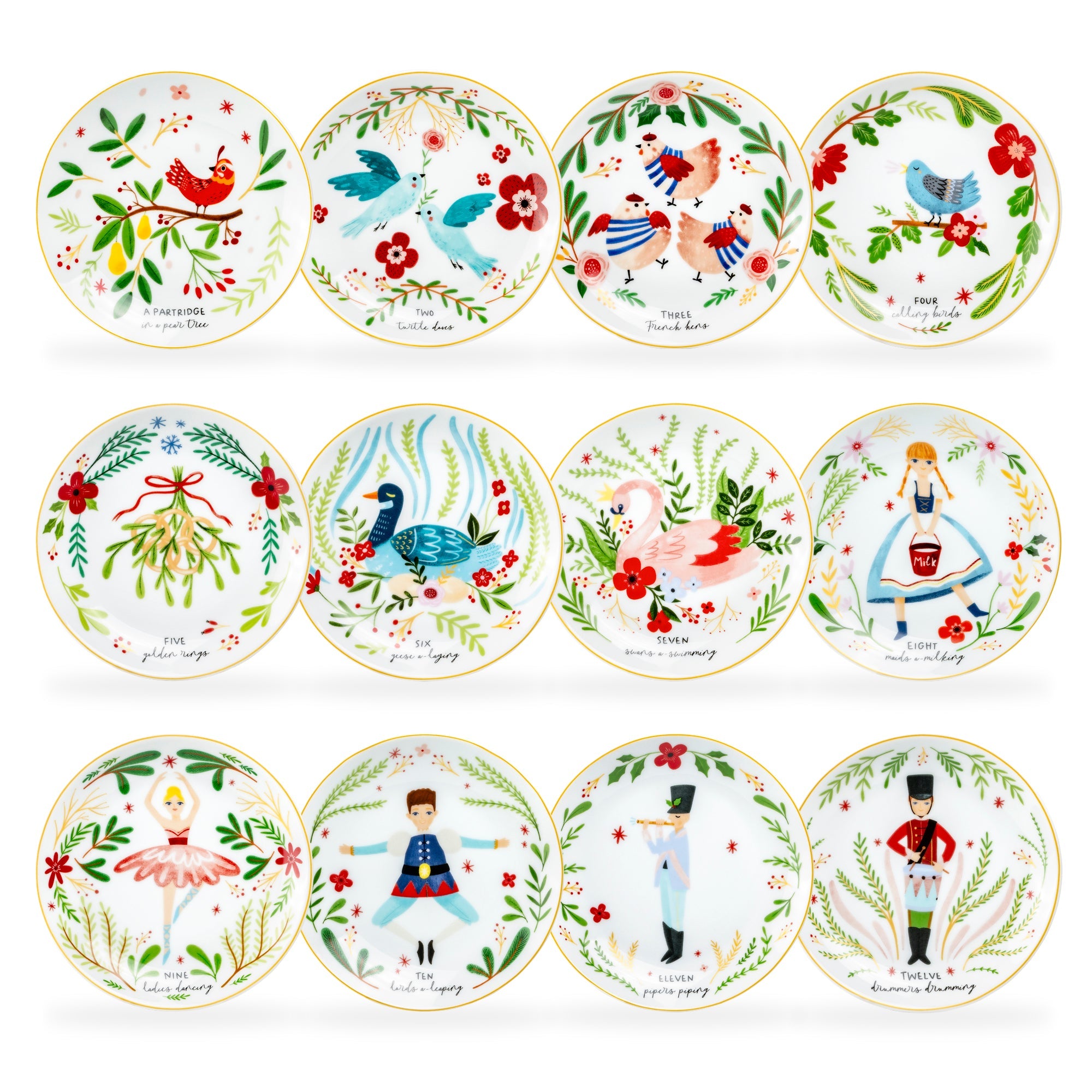 12 Days of Christmas Fine Porcelain Appetizer Plate Set - Metal Rack Version