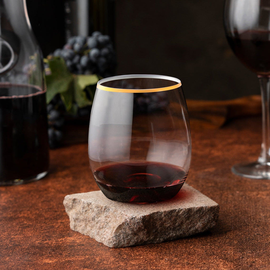 Clear with Gold Elegant Stemless Plastic Wine Glasses (12 oz. )