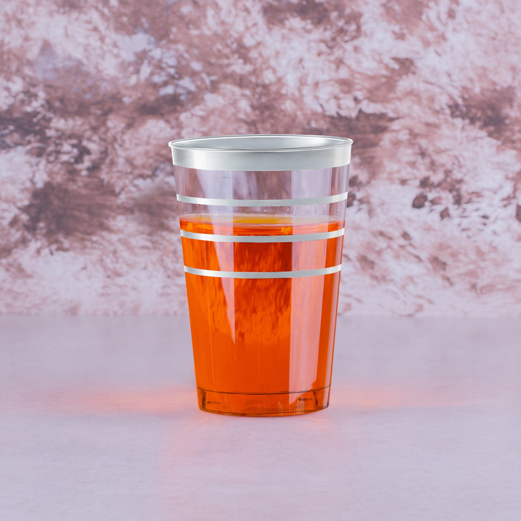 Clear with Silver Stripes Round Disposable Plastic Tumblers (12 oz. )