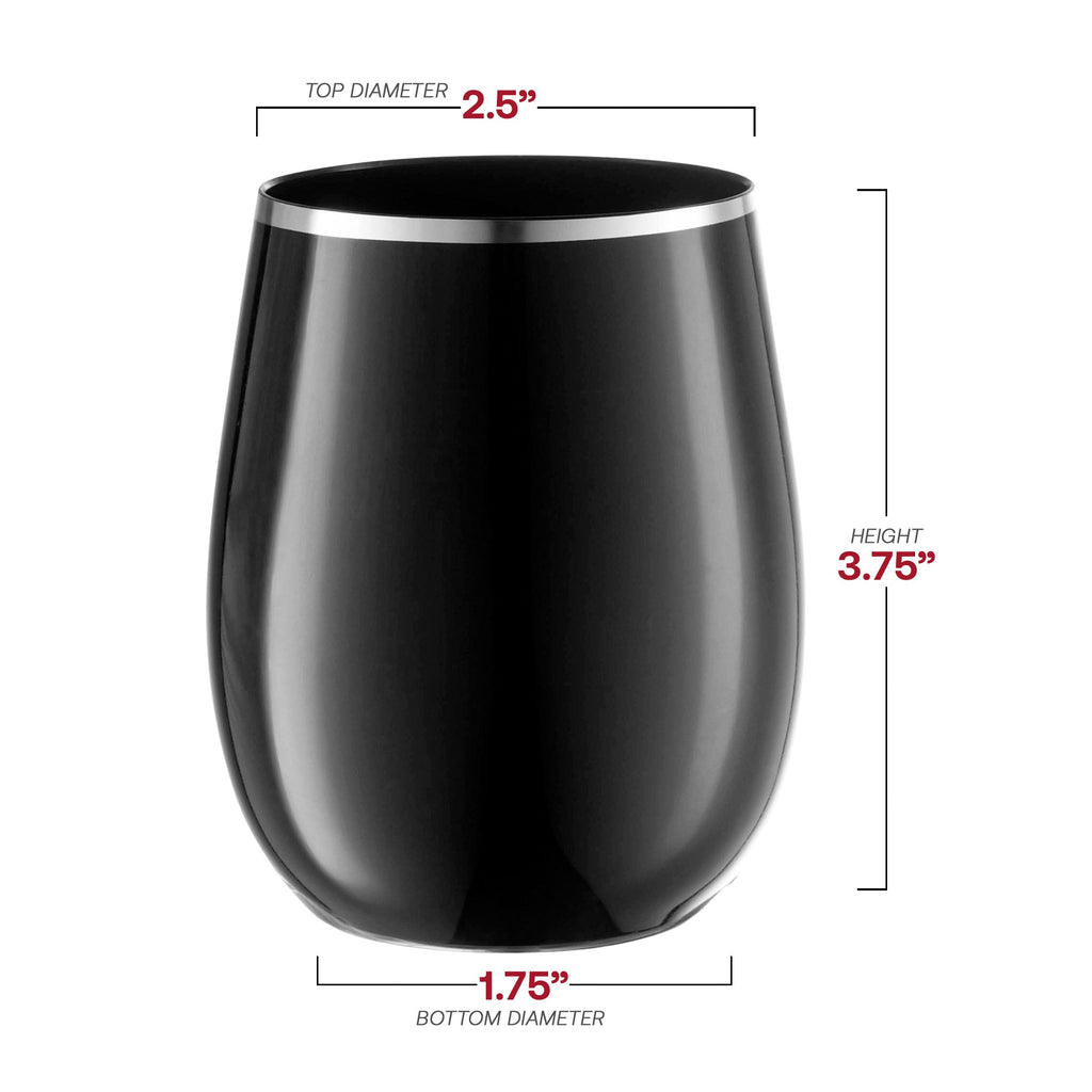 Black with Silver Elegant Stemless Plastic Wine Glasses (12 oz. )