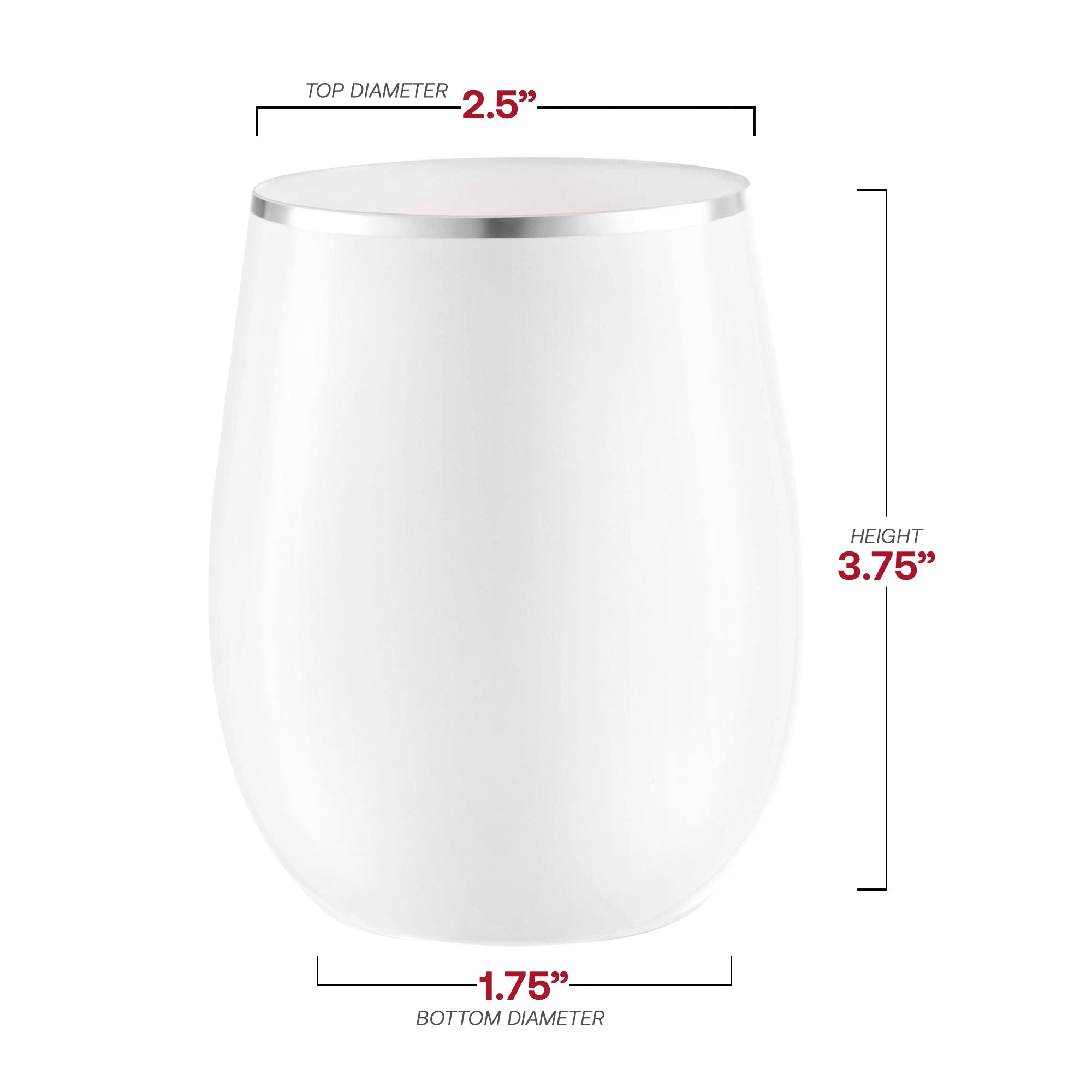 White with Silver Elegant Stemless Plastic Wine Glasses (12 oz. )