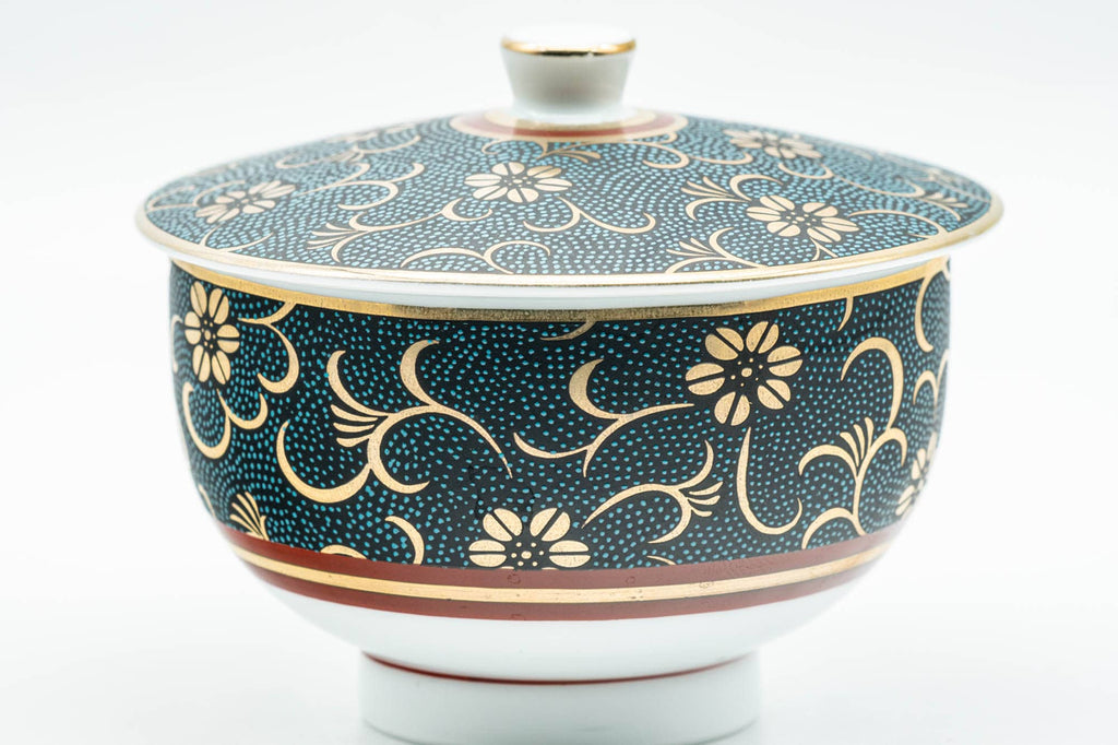 Japanese Teacup - 九谷焼 Floral Gold Aochibu Kutani-yaki Porcelain Lidded Yunomi - 120ml