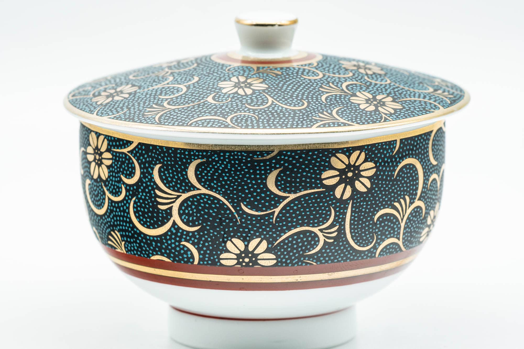 Japanese Teacup - 九谷焼 Floral Gold Aochibu Kutani-yaki Porcelain Lidded Yunomi - 120ml