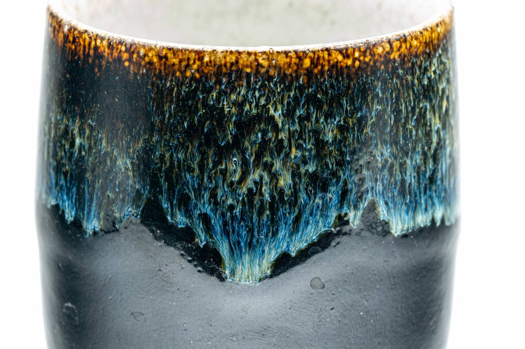 Japanese Teacup - Jet Black Blue Hare's Fur Drip-Glazed Yunomi - 150ml