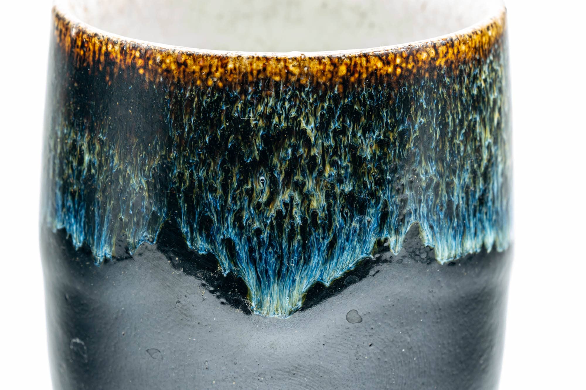 Japanese Teacup - Jet Black Blue Hare's Fur Drip-Glazed Yunomi - 150ml