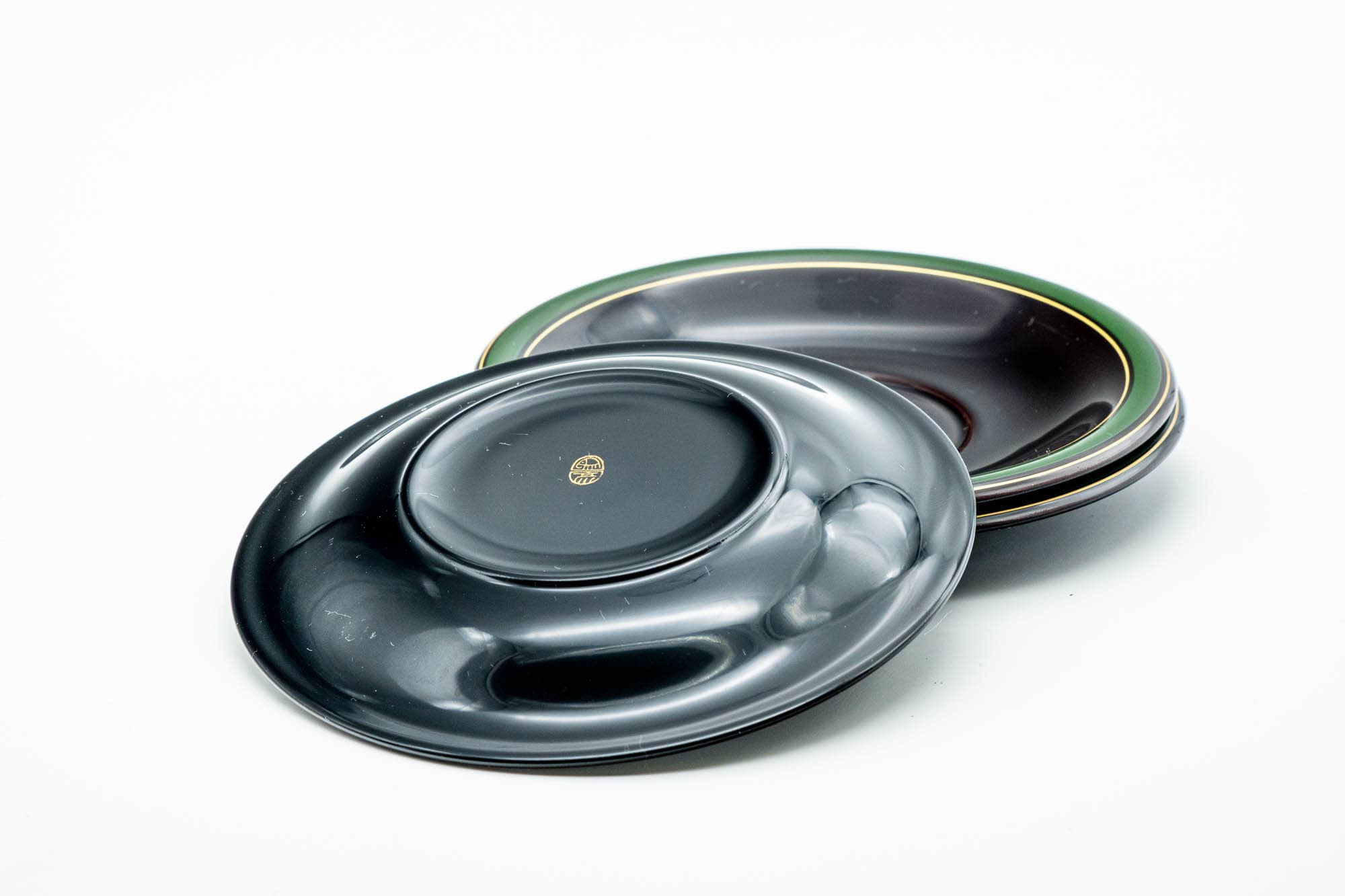 Japanese Chataku - Set of 3 Green Trim Black Lacquer Tea Saucers