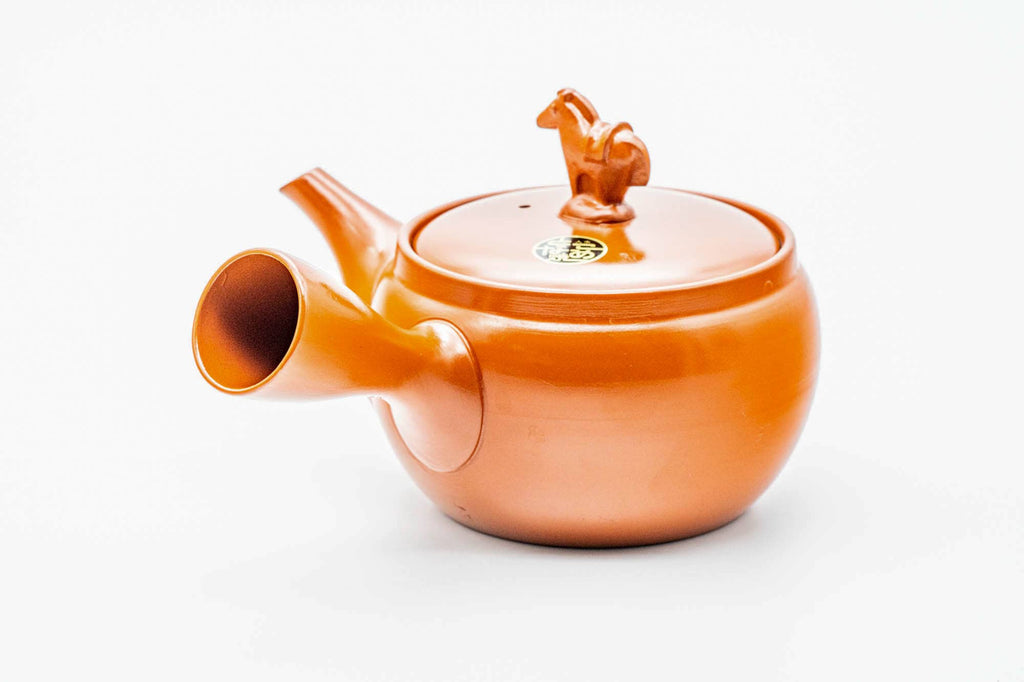 Japanese Kyusu - Horse Lid Handle Red Shudei Tokoname-yaki Mesh Teapot - 350ml