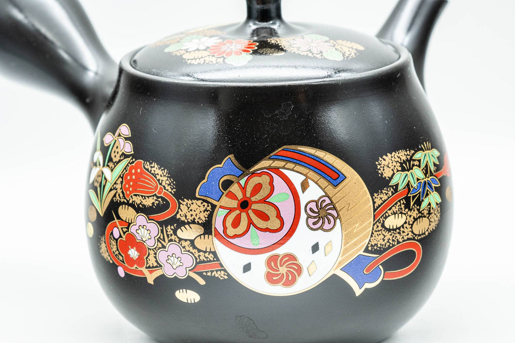 Japanese Kyusu - Floral Black Kurodei Tokoname-yaki Teapot - 400ml