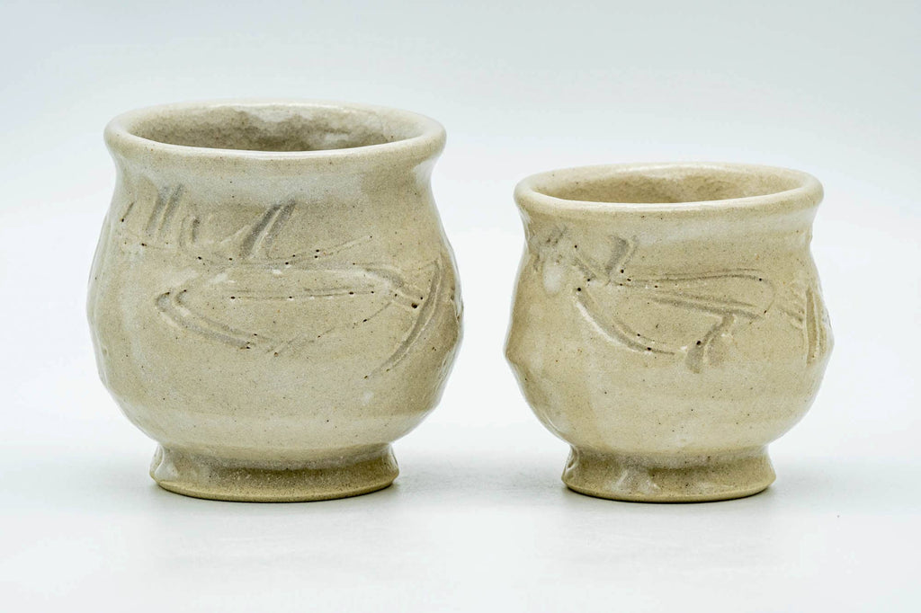 Japanese Teacups - Pair of Beige Circular Meoto Yunomi in Wooden Box