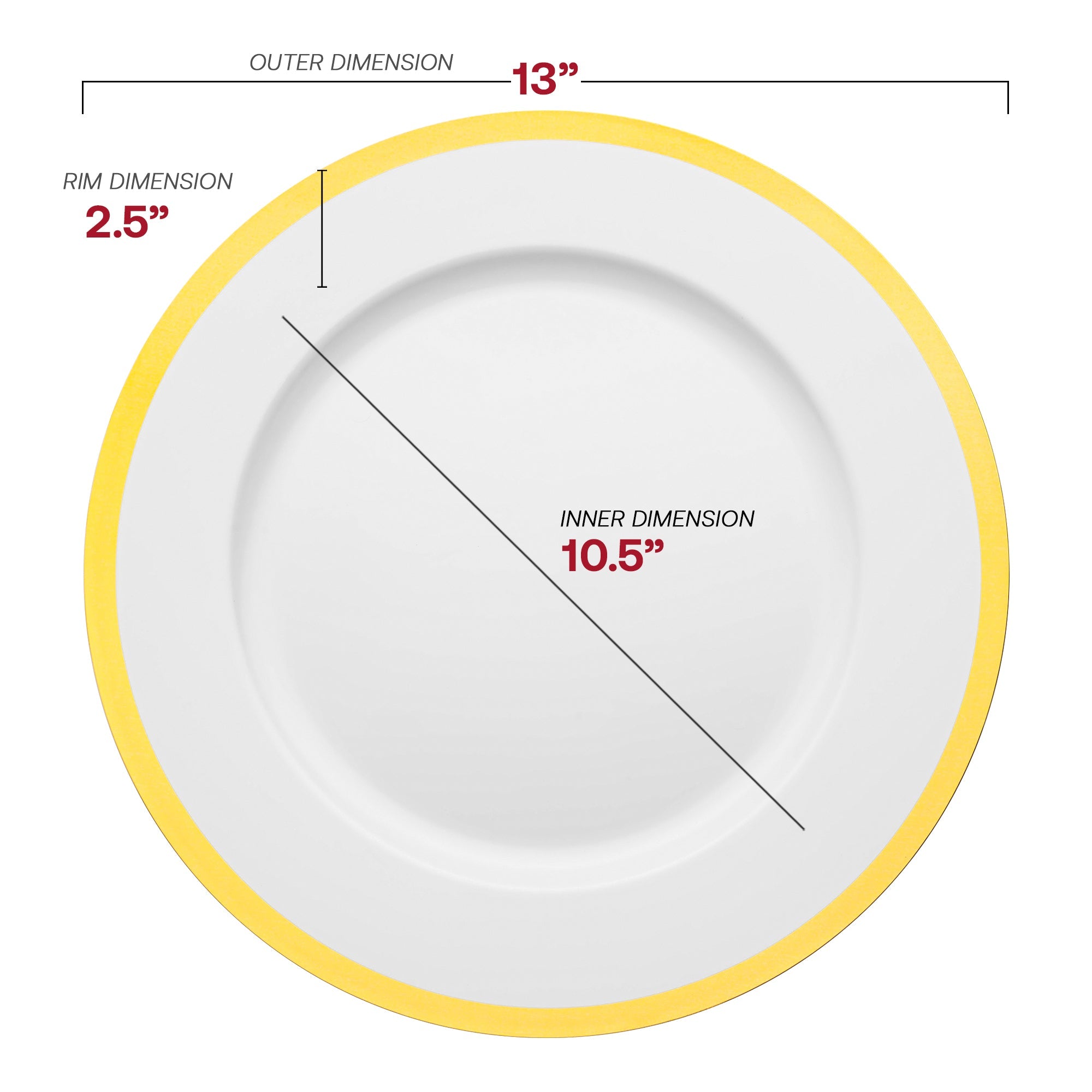 White with Gold Rim Round Disposable Plastic Charger Plates (13")