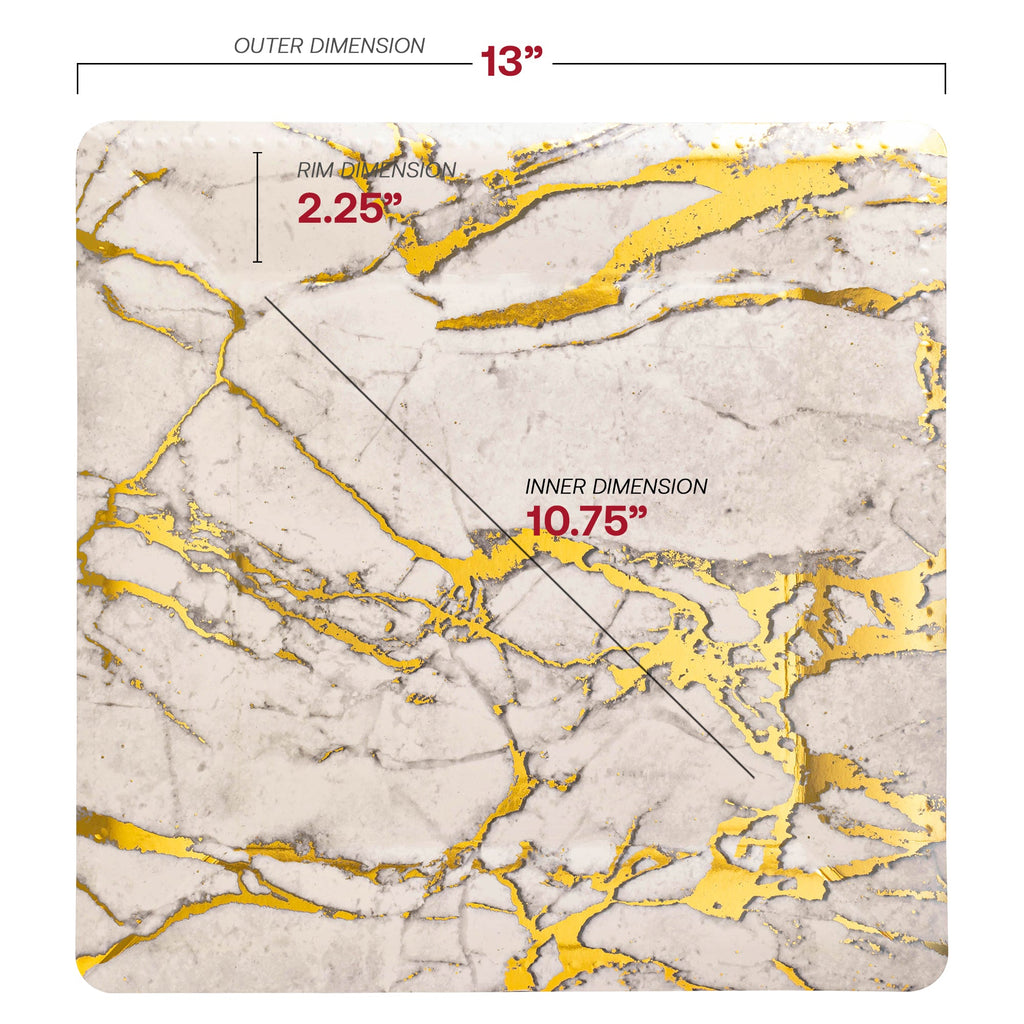 White with Gold Marble Square Disposable Paper Charger Plates (13")