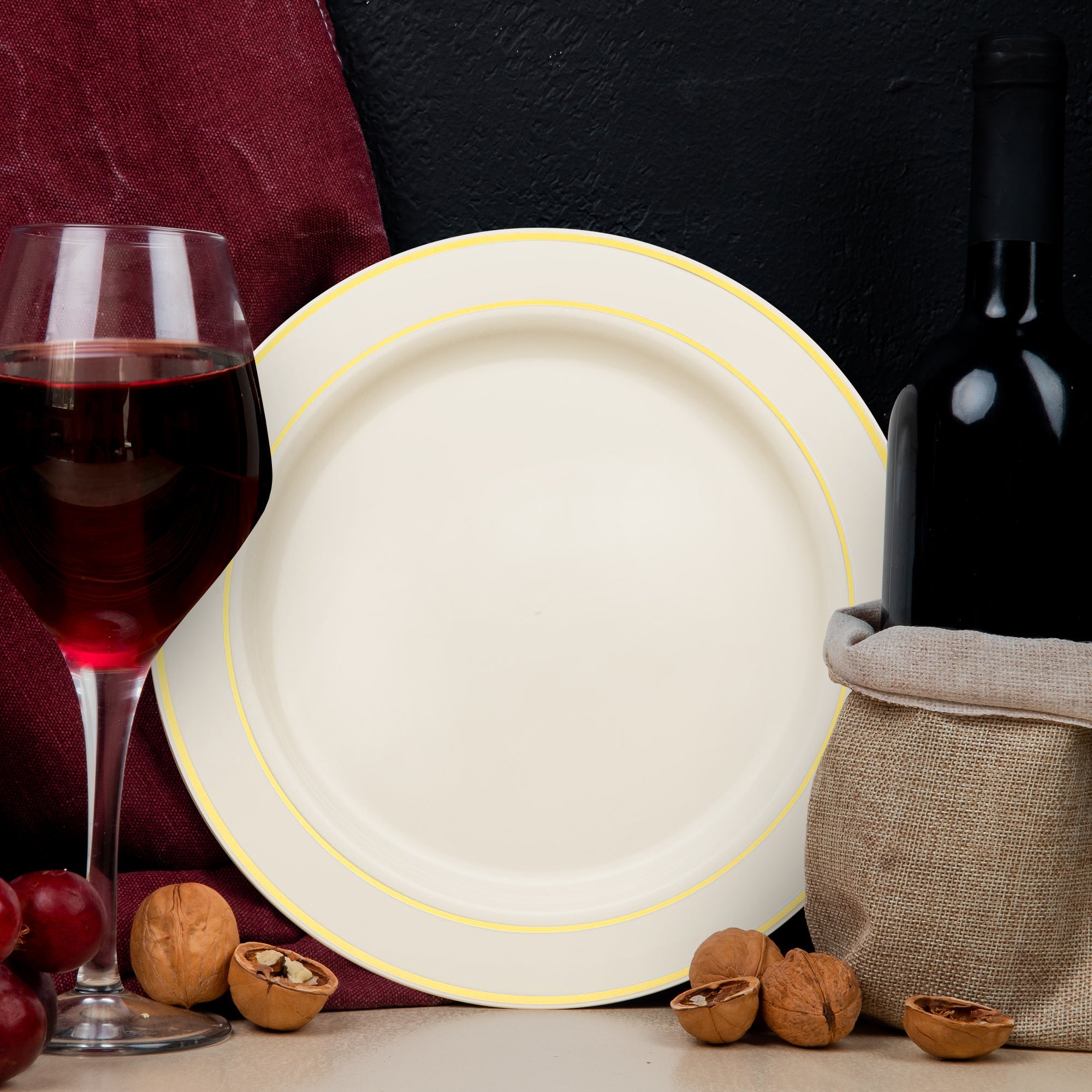 Ivory with Gold Edge Rim Plastic Dinner Plates (10.25")
