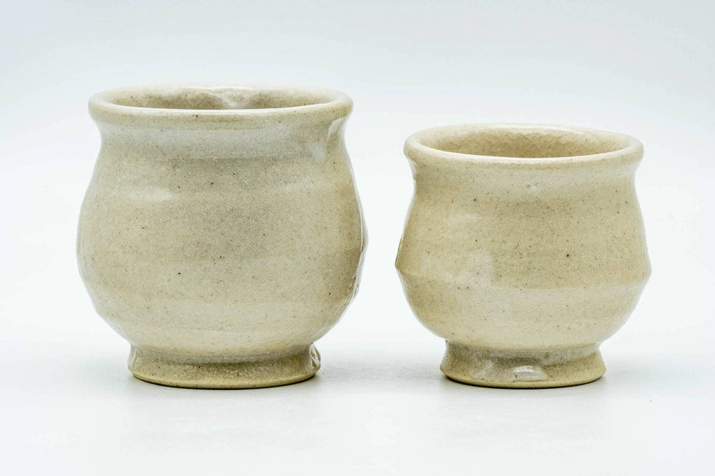 Japanese Teacups - Pair of Beige Circular Meoto Yunomi in Wooden Box