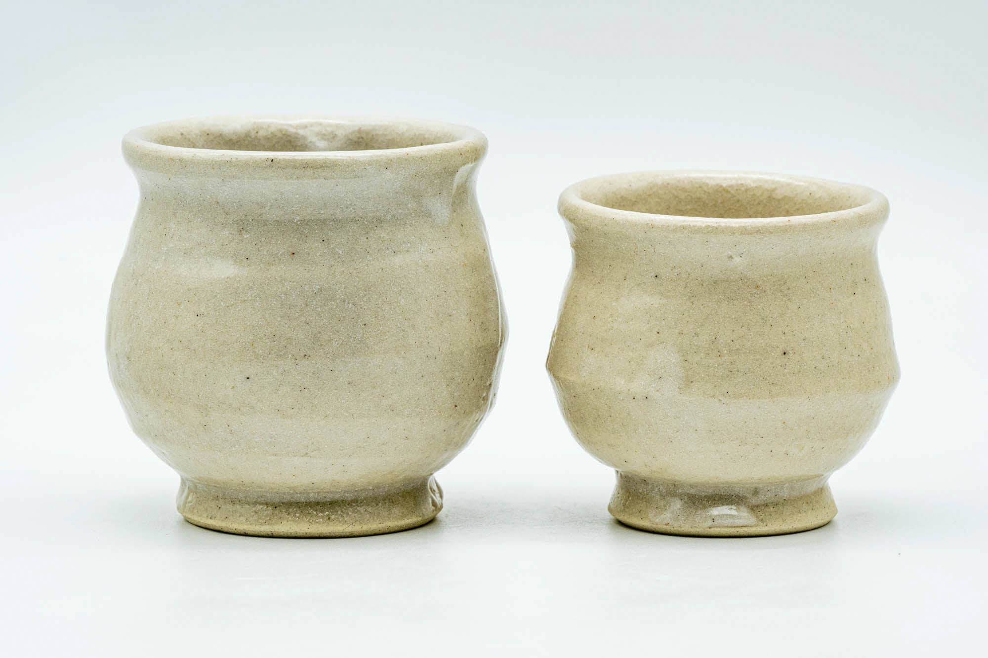 Japanese Teacups - Pair of Beige Circular Meoto Yunomi in Wooden Box
