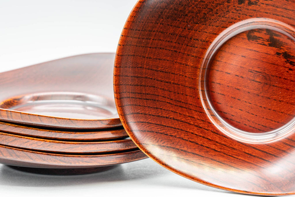 Japanese Chataku - Set of 5 Elliptical Wooden Lacquered Tea Saucers