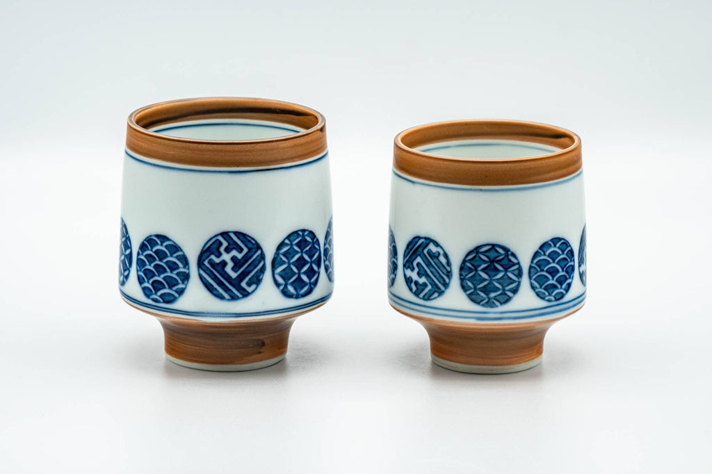 Japanese Teacups - Pair of Blue Orange Geometric Arita-yaki Meoto Yunomi
