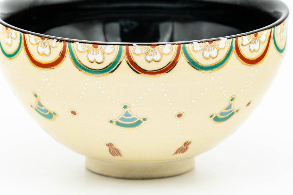 Japanese Matcha Bowl - Sakura Cherry Blossoms Geometric Black Inner-Glazed Kyo-yaki Chawan - 250ml