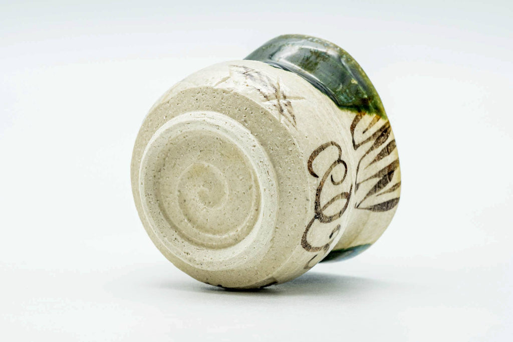 Japanese Teacup - Floral Beige Green Drip-Glazed Oribe-yaki Yunomi - 110ml