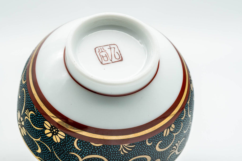 Japanese Teacup - 九谷焼 Floral Gold Aochibu Kutani-yaki Porcelain Lidded Yunomi - 120ml