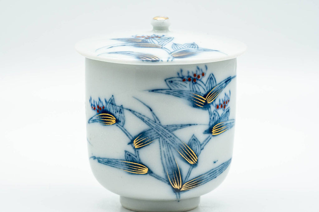 Japanese Teacups - Pair of Blue Floral Arita-yaki Lidded Yunomi - 100ml