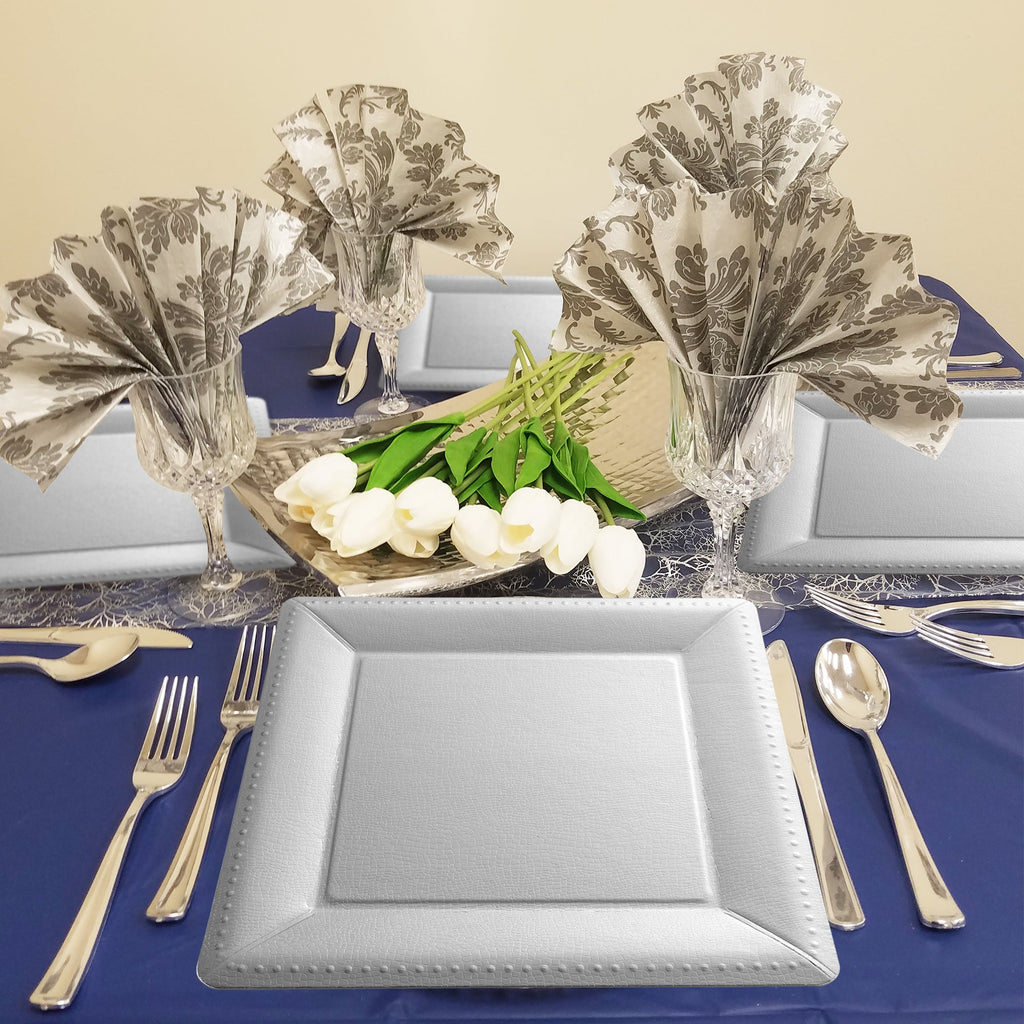 Silver Square Edge Beaded Disposable Paper Charger Plates (13")