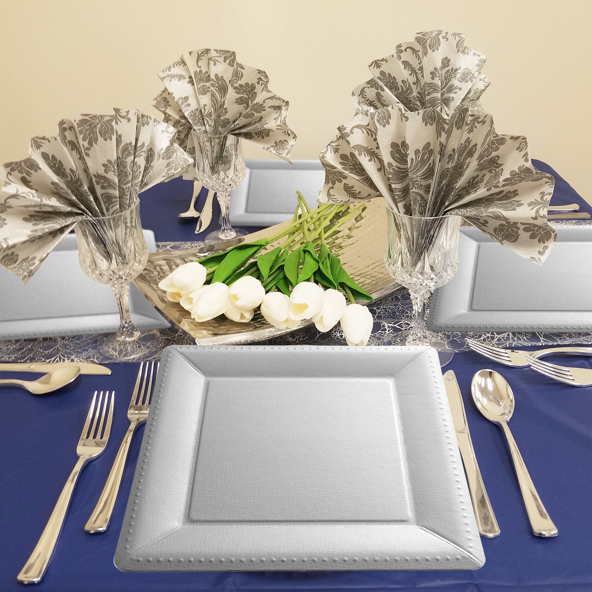Silver Square Edge Beaded Disposable Paper Charger Plates (13")