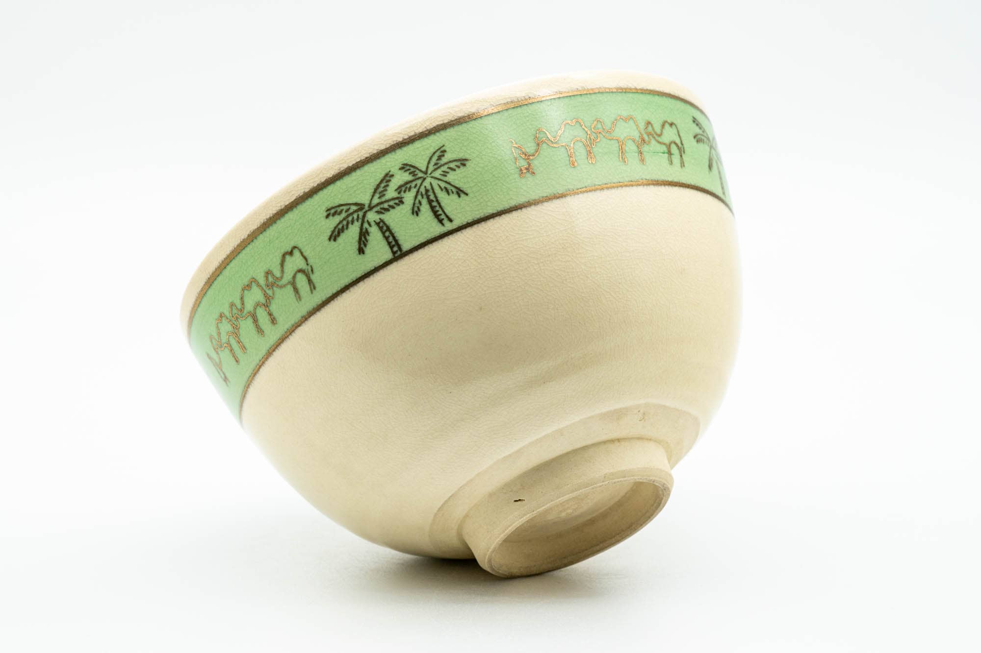 Japanese Matcha Bowl - Camel Green Palm Trees Kyo-yaki Chawan - 300ml