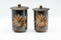 Japanese Teacups - Pair of Brown Floral Tsutsu-gata Lidded Meoto Yunomi