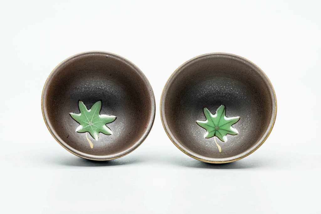 Japanese Teacups - Pair of Green Leaf Decorated Guinomi - 45ml