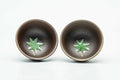 Japanese Teacups - Pair of Green Leaf Decorated Guinomi - 45ml