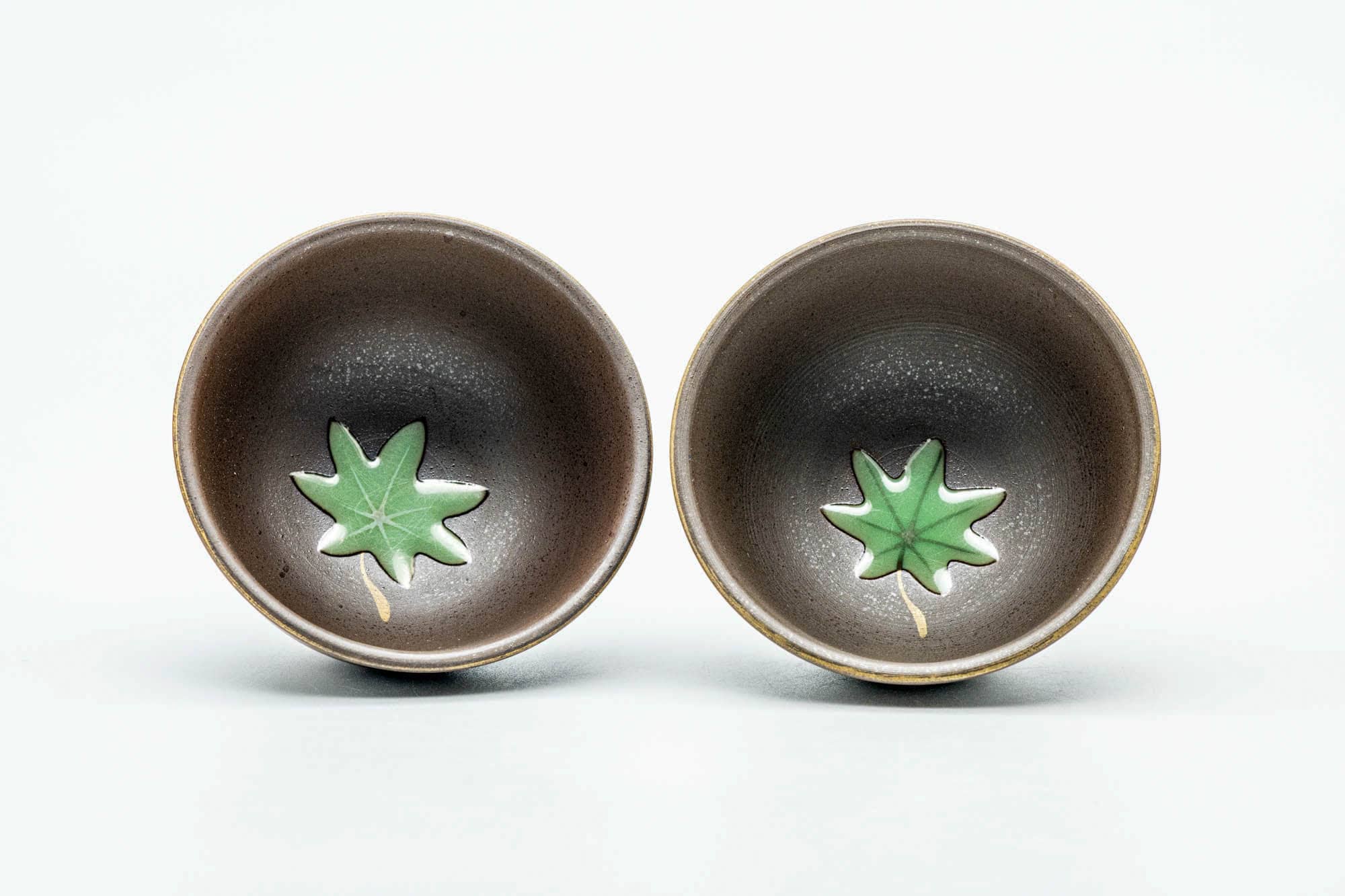 Japanese Teacups - Pair of Green Leaf Decorated Guinomi - 45ml