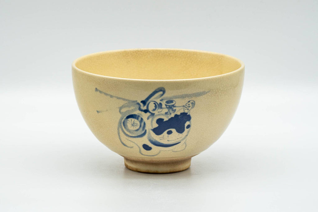 Japanese Matcha Bowl - Beige Blue Cat Kyo-yaki Chawan - 350ml