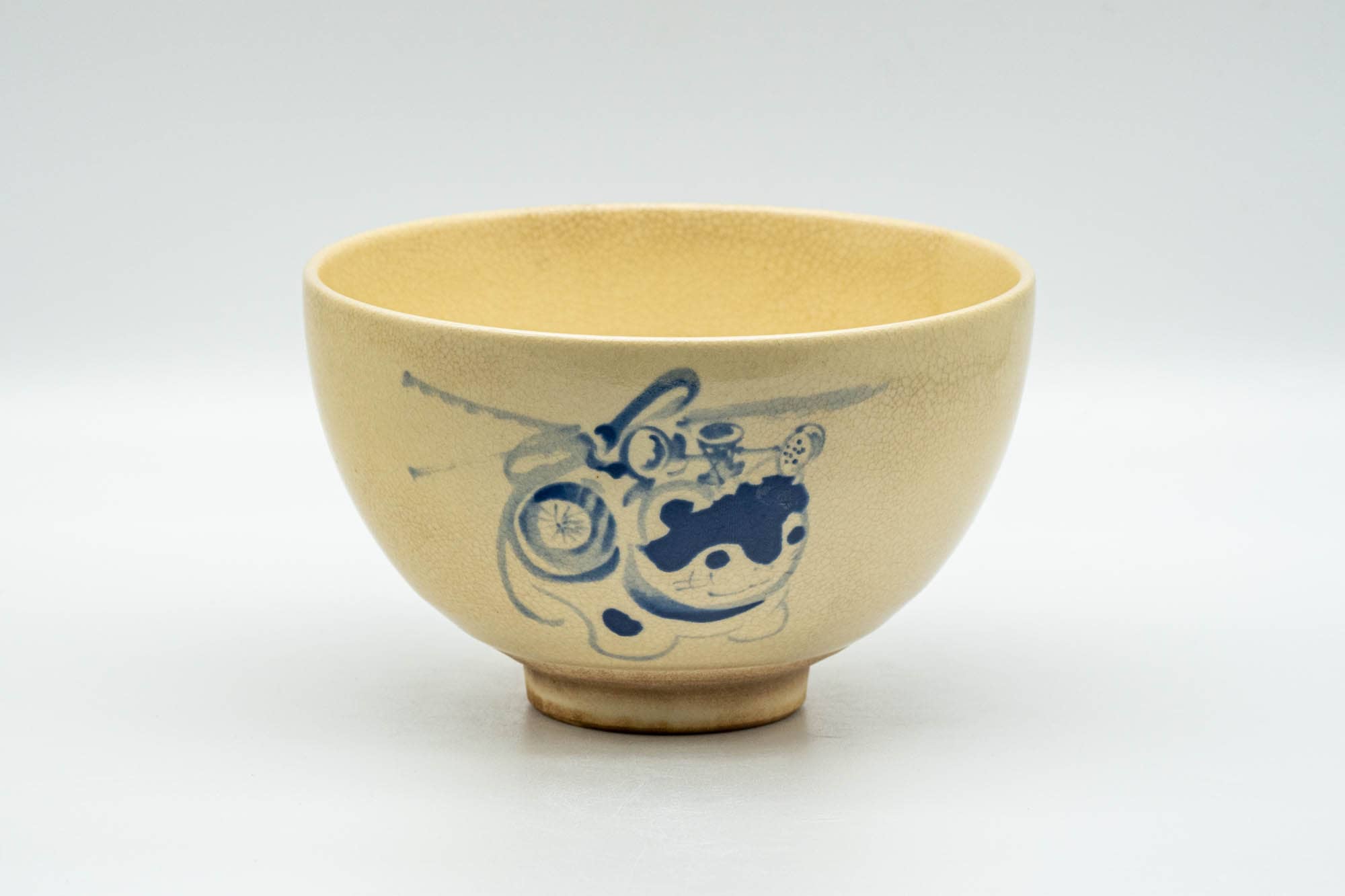 Japanese Matcha Bowl - Beige Blue Cat Kyo-yaki Chawan - 350ml