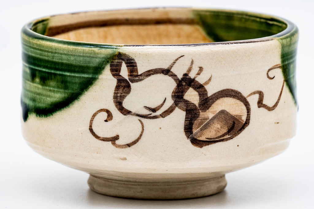Japanese Matcha Bowl - Beige Green Gourd Oribe-yaki Chawan - 400ml