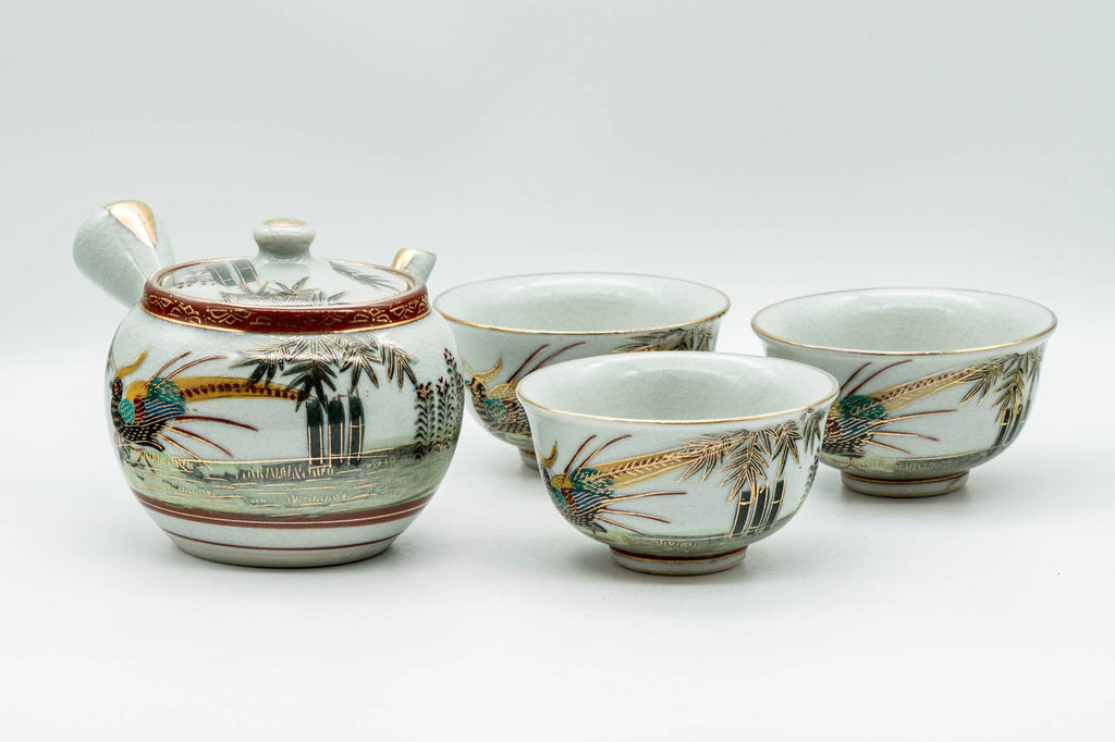 Japanese Tea Set - Bamboo Peacock Kutani-yaki Debeso Kyusu Teapot with 3 Yunomi Teacups - 430ml